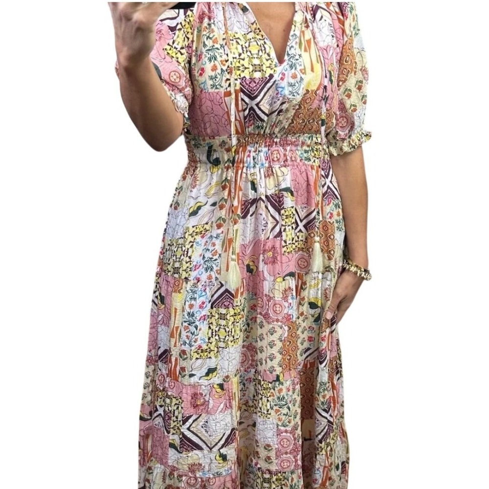 THML Patchwork Floral Maxi Dress Multicolor Smocked Waist‎ Women's XS Boho Vacay